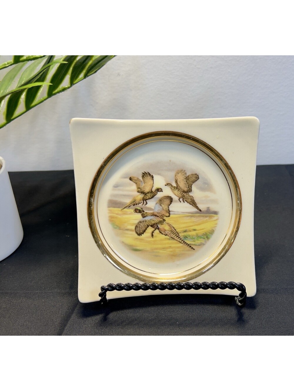 Vintage Hyalyn Pottery Square Plate/trinket Dish 4 1/2” Pheasants In Flight